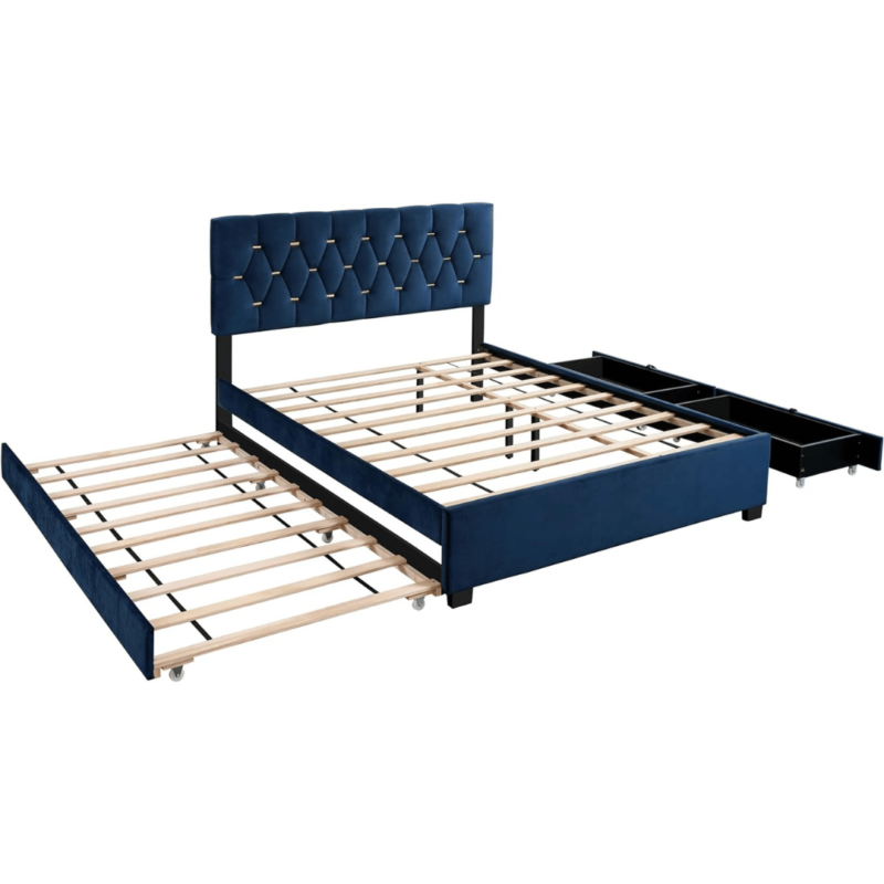 Blue American Bed Frame with Single Pull-out and Storage - Stylish and Functional Bed Design